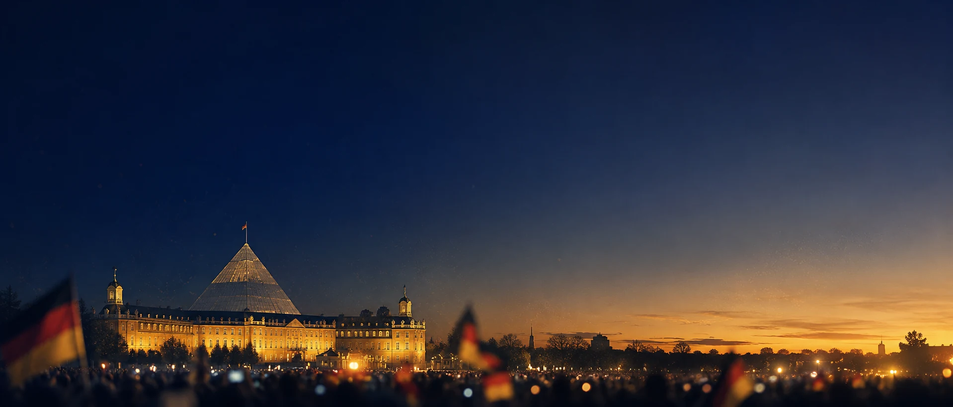 Karlsruher Schloss mit beleuchteter Pyramide bei Dämmerung, Public-Viewing-Crowd mit Deutschland-Flaggen